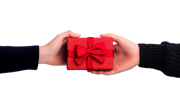 Giving red gift with bow in hand, cut out transparent png