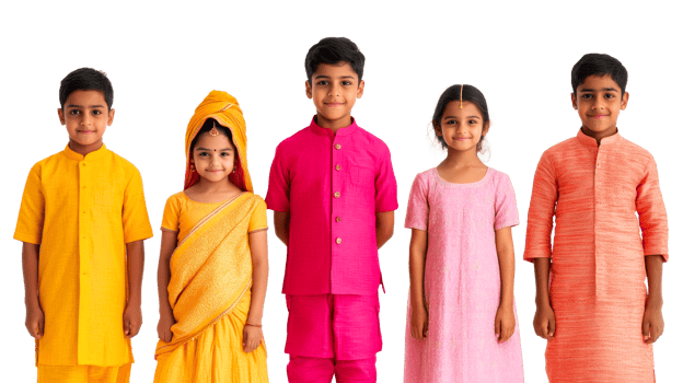 Diverse children in traditional clothing, India festival, cut out transparent png