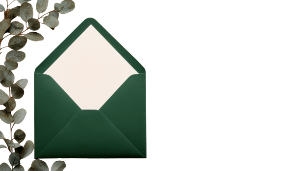 Green envelope with sprig decoration, cut out transparent png