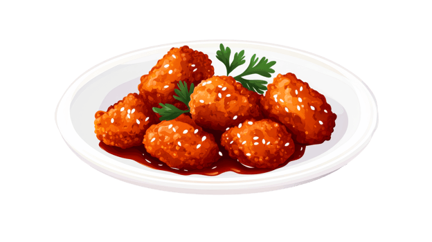 Sesame chicken on a plate with herbs, Asian cuisine, cut out transparent png