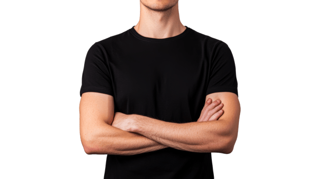 Man in black T-shirt with crossed arms over chest, cut out transparent png