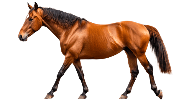 Brown horse walking forward gracefully, elegance in motion, cut out transparent png