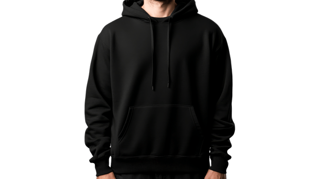 Man in stylish black hoodie with drawstrings, isolated, cut out transparent png