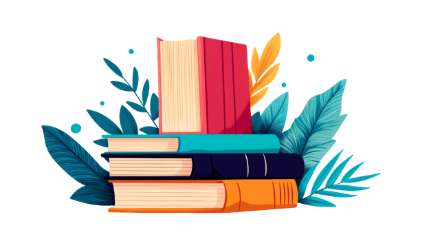 Stack of colorful books with leaves illustration, cut out transparent png