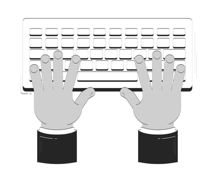 Typing hands on keyboard doodle outline illustration. Digital work. Data entry. Online communication. Keys input top view 2D drawing sketch isolated on white. Monochrome clip-art handdrawn vector