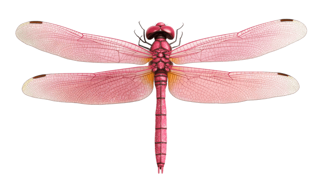 Detailed dragonfly illustration, pink insect with wings, cut out transparent png