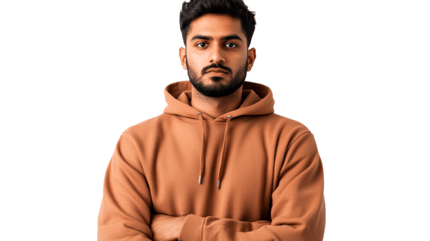 Young handsome confident man in orange hoodie, cut out transparent png