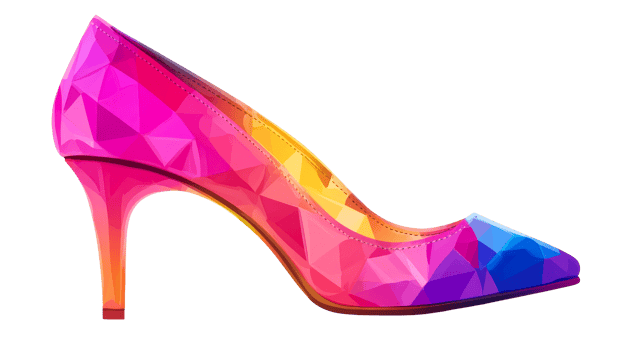Colorful high heel shoe artwork in vivid polygonal style, cut out transparent png
