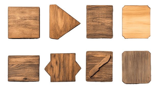 Wooden planks of different shapes and textures, cut out transparent png