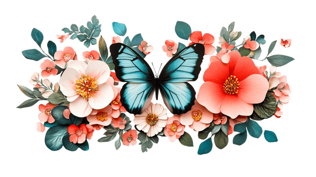 Butterfly and floral arrangement, vibrant colors, cut out transparent png