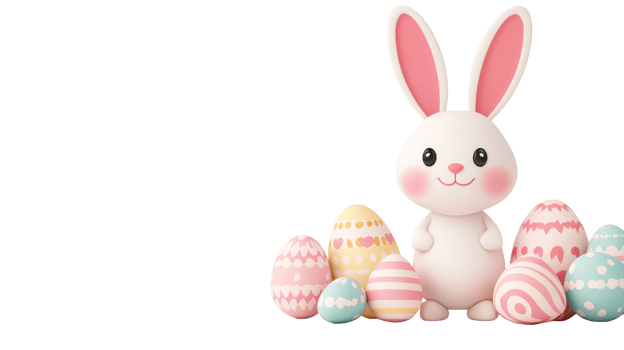 Bunny with colorful Easter eggs, holiday illustration, cut out transparent png