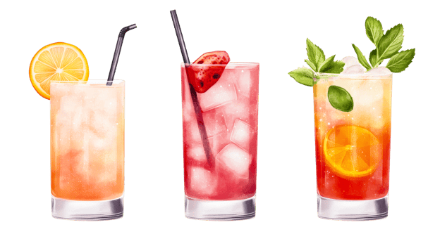 Three refreshing cocktails with ice and fruit garnish, cut out transparent png