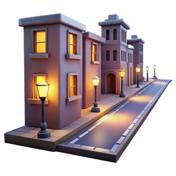 extraordinary modern Crepuscular City Street with Glowing Windows Isolated authentic png