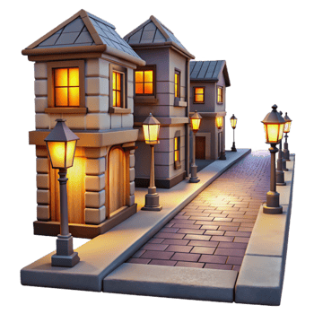 stunning artistic Crepuscular City Street with Glowing Windows Isolated exclusive png