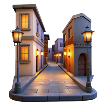 wonderful vintage Crepuscular City Street with Glowing Windows Isolated professional png