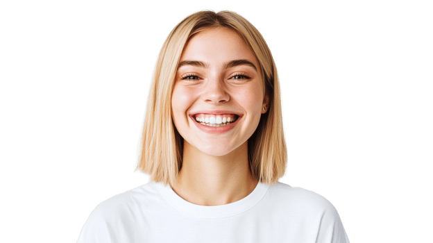 Smiling blonde young woman portrait on black background, cut out transparent png