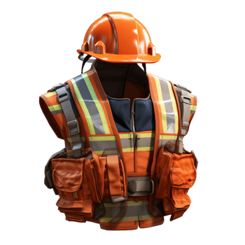 An orange construction vest with a hard hat png