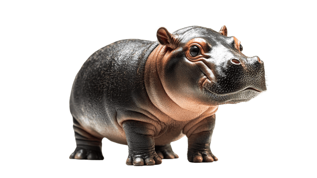 Adorable baby hippopotamus in a playful pose, isolated, cut out transparent png