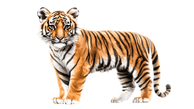 Bengal tiger illustration with realistic details, orange, black, white, cut out transparent png
