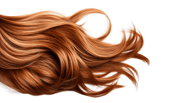 Shiny, auburn, curly hair with light highlights, isolated, cut out transparent png