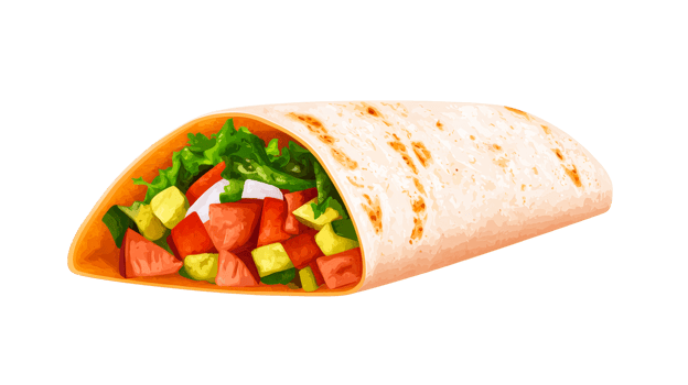 Delicious-looking burrito filled with vegetables, cut out transparent png