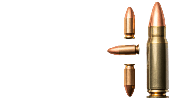 Ammunition for different types of weapons, isolated on black, cut out transparent png
