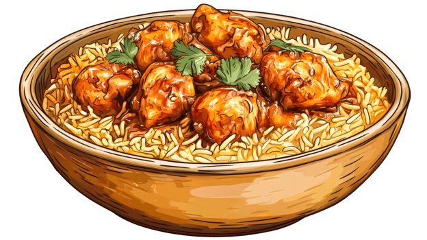 Delicious chicken with rice in wooden bowl, cut out transparent png
