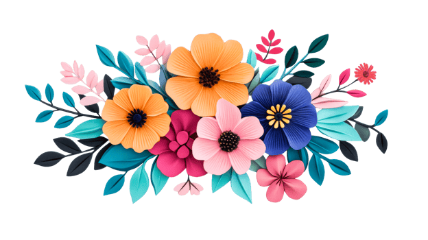 Composition of colorful flowers and leaves on black background, cut out transparent png