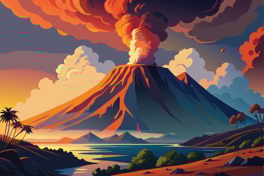 Colorful Volcano Erupts Over Tropical Landscape vector