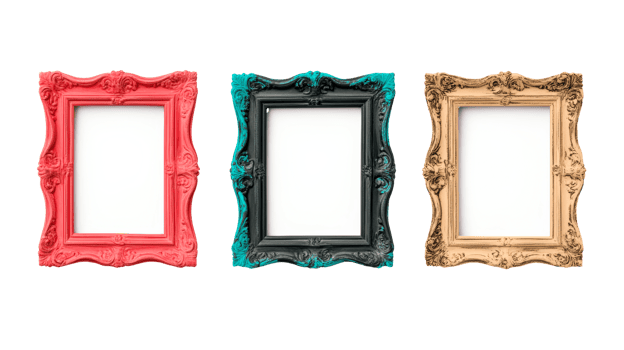 Variety color ornate frames with blank space, cut out transparent png