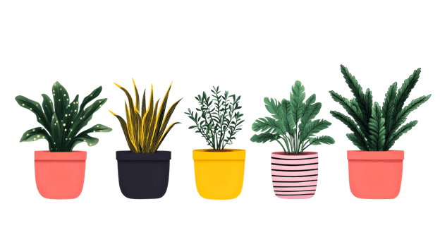 Indoor plants collection in pots, botanical illustration, cut out transparent png