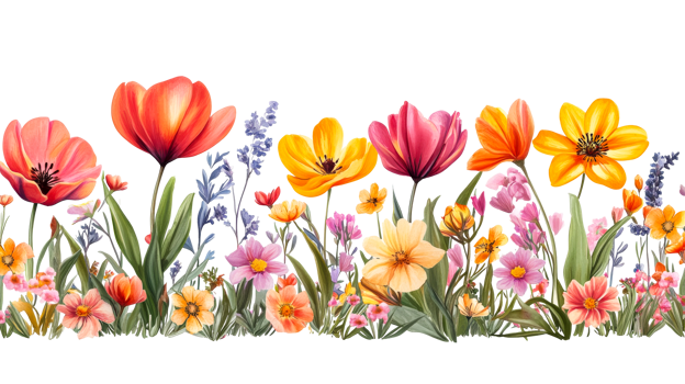 Colorful tulips and wildflowers arrangement, bright spring meadow, cut out transparent png