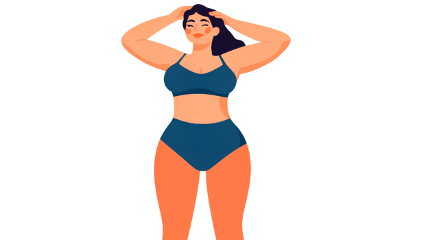 Young woman in blue swimwear poses with hands on her head, cut out transparent png