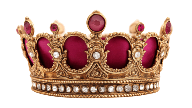 Golden royal crown with rubies and diamonds, cut out transparent png