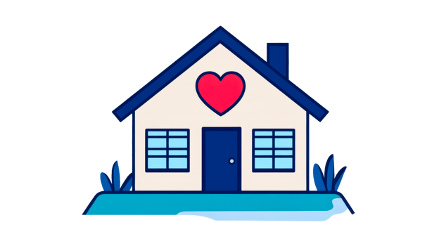 Cozy house with a heart and blue trim, cut out transparent png