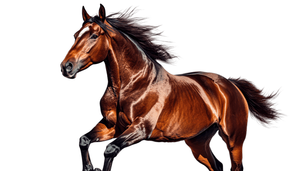 Chestnut horse gallops with windblown mane and tail, cut out transparent png