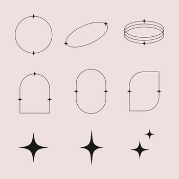 Modern minimalist aesthetic arch line elements, trendy linear frames with stars, geometric design. vector