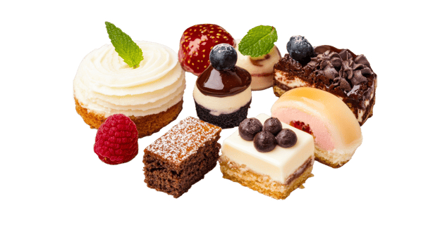 Assortment of cakes and berries, cut out transparent png