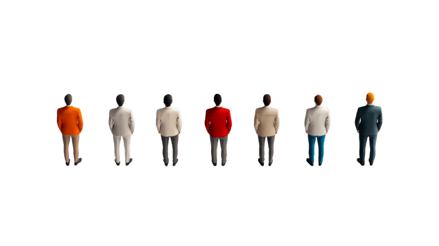 Group of men from the back in suits of different colors, cut out transparent png