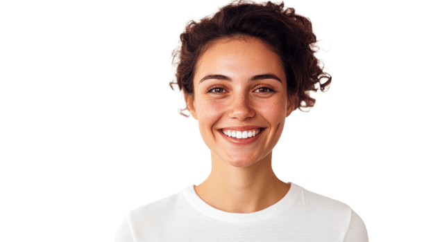 Smiling girl face portrait with white teeth and freckles, cut out transparent png