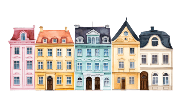 Row of colorful European houses with different architecture, cut out transparent png