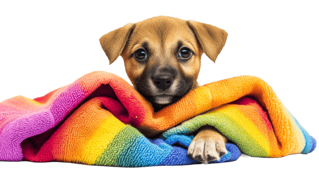 Brown puppy wrapped in rainbow towel, animal friendship, tenderness, happiness, cut out transparent png