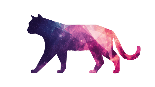 Feline silhouette galaxy design, walking forward, cosmic illustration, cut out transparent png