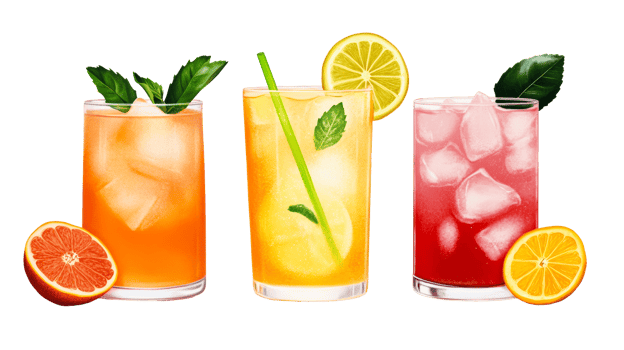 Set of three colorful summer drinks with ice, cut out transparent png