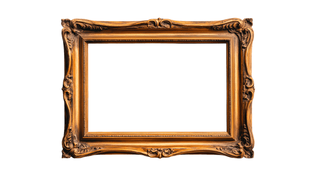 Ornate gold picture frame on black, cut out transparent png