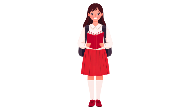Schoolgirl with book standing, smiling. Student with backpack, cut out transparent png