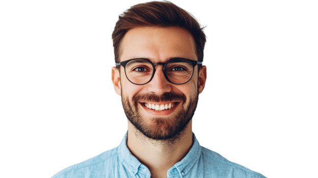 Smiling handsome man with beard and glasses, cut out transparent png