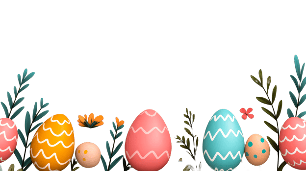 Easter eggs arrangement with floral accents on black background, cut out transparent png