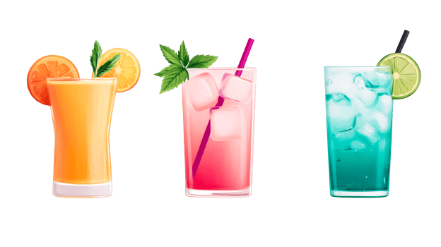 Colorful cocktail illustration set against black background, cut out transparent png