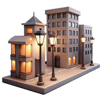 beautiful classic Downtown Buildings at Dusk Cutout with Streetlights original png
